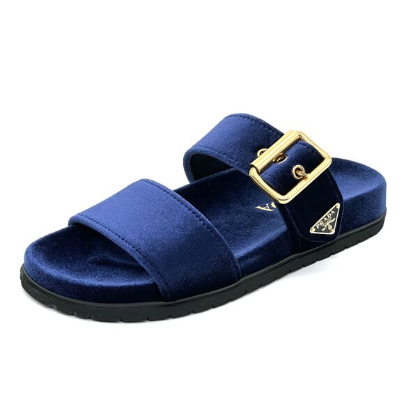 Prada Shoes - PRADA Triangle Logo Double Dual Band Velvet Flat Slide Dad Sandals Shoes